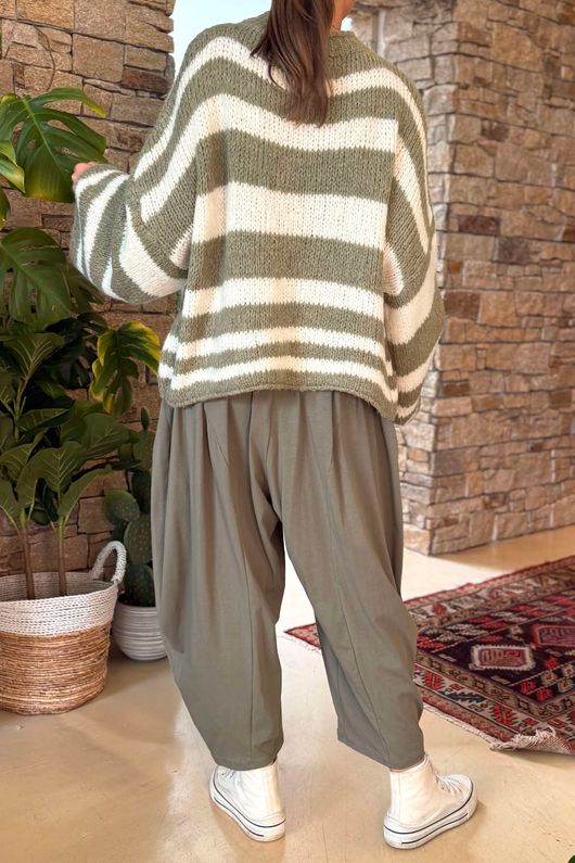 Made in Italy Big Softie Stripe Shortie Knit Soft Khaki